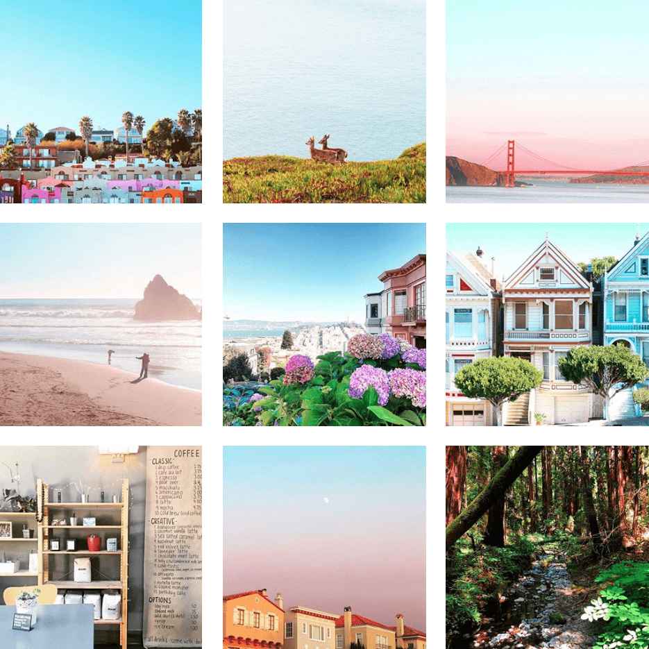 A three-by-three grid of various photos of buildings, beaches and nature from the San Francisco area