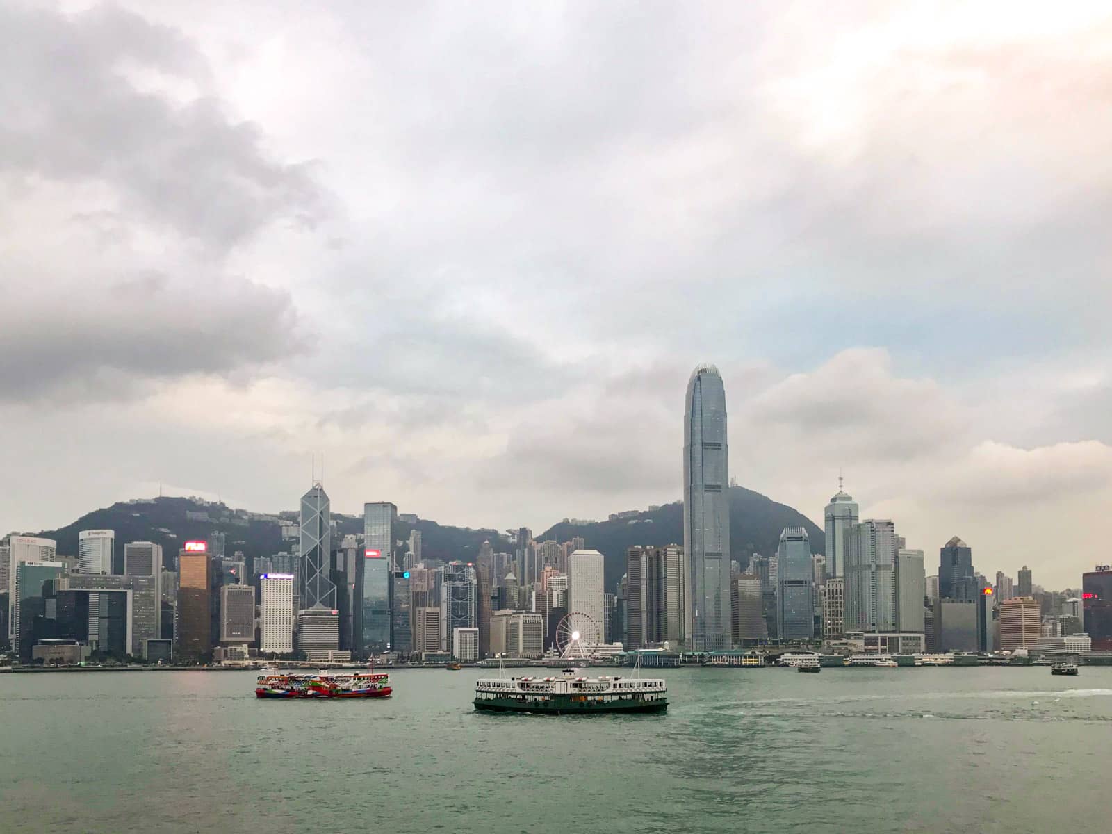 A view of the city of Hong Kong as seen from the ground, with the harbour’s water in view