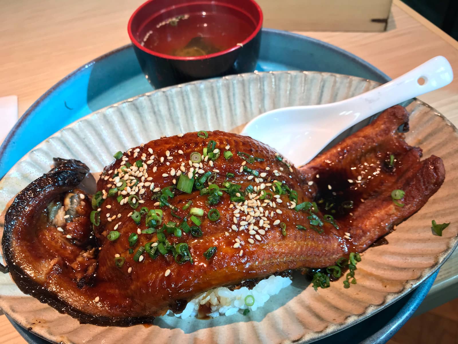 A large grilled eel (Japanese unagi) on a bed of white rice