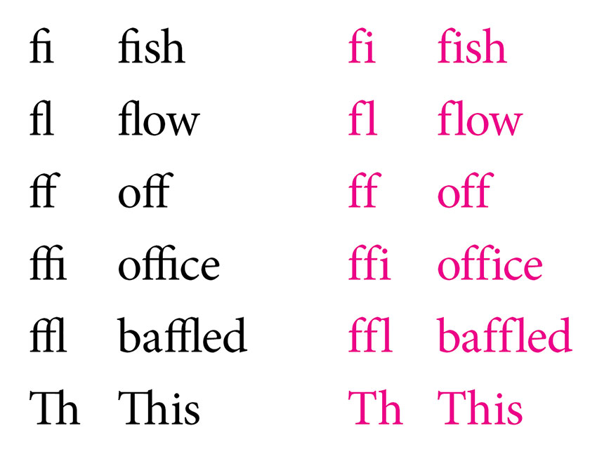 Example of ligatures alongside text that does not have ligatures