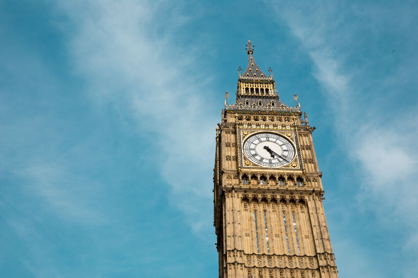 Low angle close up shot of the clock on Elizabeth Tower