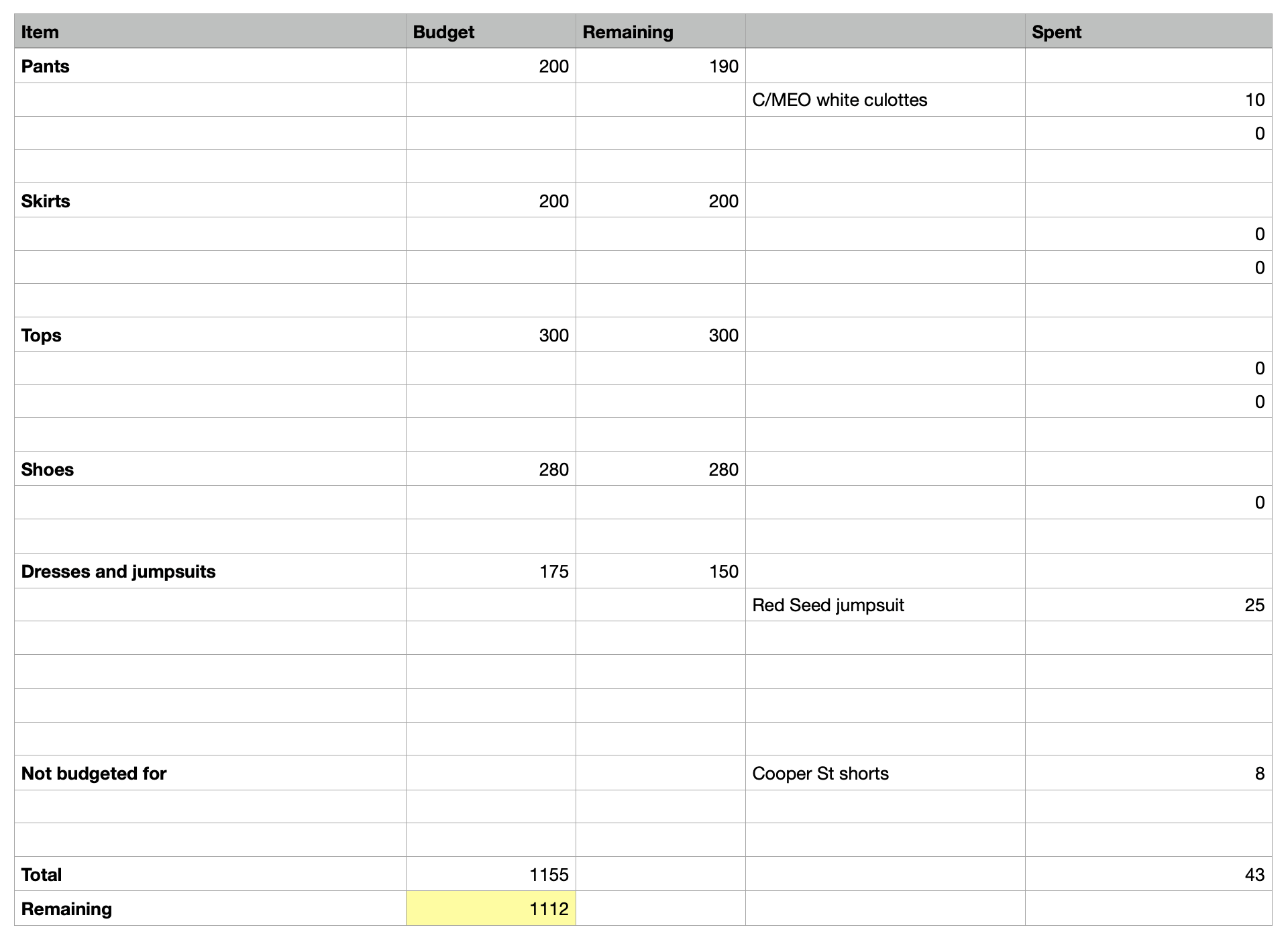 A screenshot of a spreadsheet of expenses, showing the names of various items of clothing