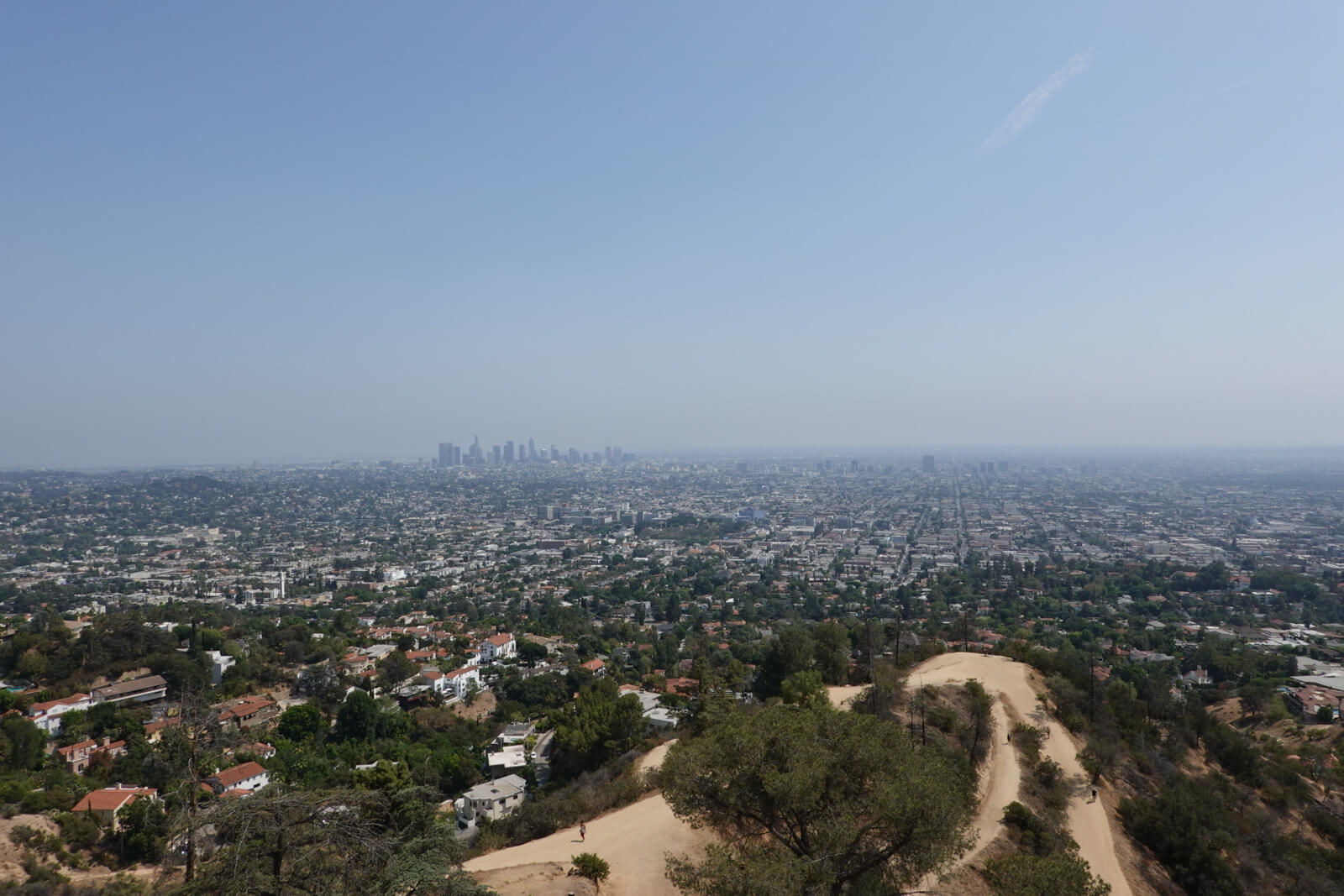 A high view of a hilly city with many trees, with a spot of high-rise buildings in the distance.