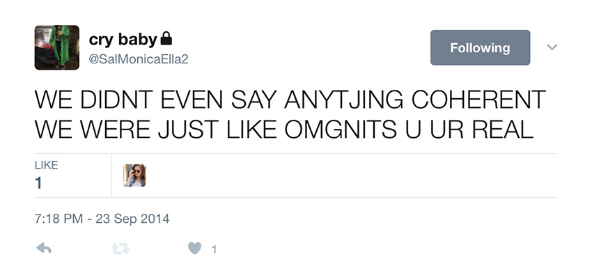 Monica’s tweet: “WE DIDNT EVEN SAY ANYTJING COHERENT WE WERE JUST LIKE OMGNITS U UR REAL”