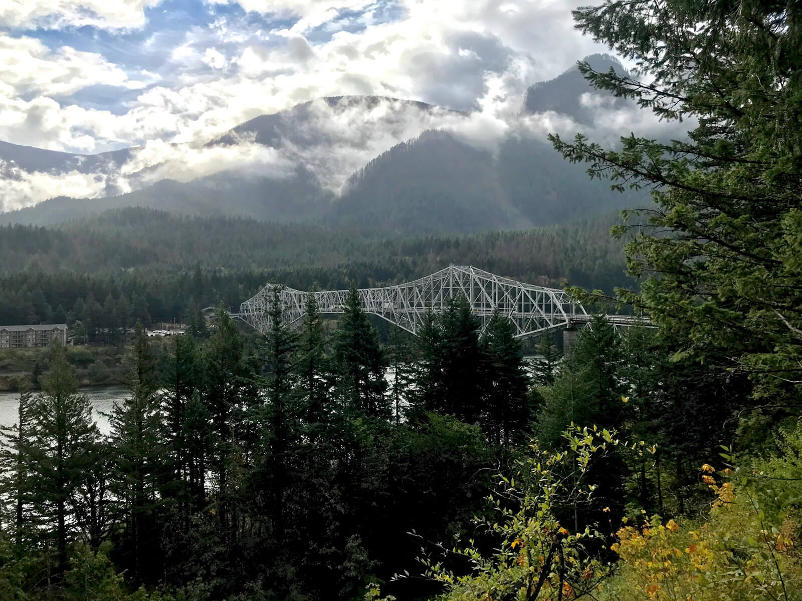 A view of the Bridge of Gods from Washington state. The view of the bridge is partially obstructed by trees