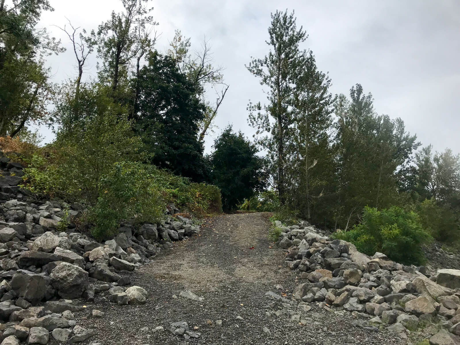 A gravel path leading upwards. Big rocks line the sides of the paths