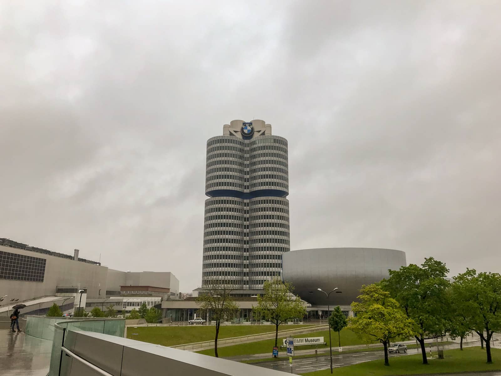 The BMW building seen from near a pedestrian bridge