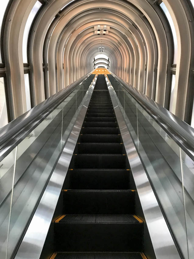 A view up the escalator that takes you to the top of the Umeda Sky Building