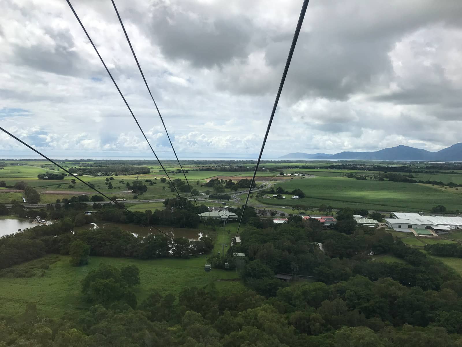 A view from a cableway, where the lines for the cableway can be seen in frame, and some of the gondolas too. The landscape is lush and green with areas of grassland and several areas rich with trees.