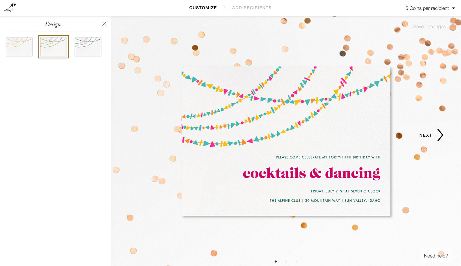 Screenshot of Paperless Post website with a white invitation on a backdrop with rose gold dots
