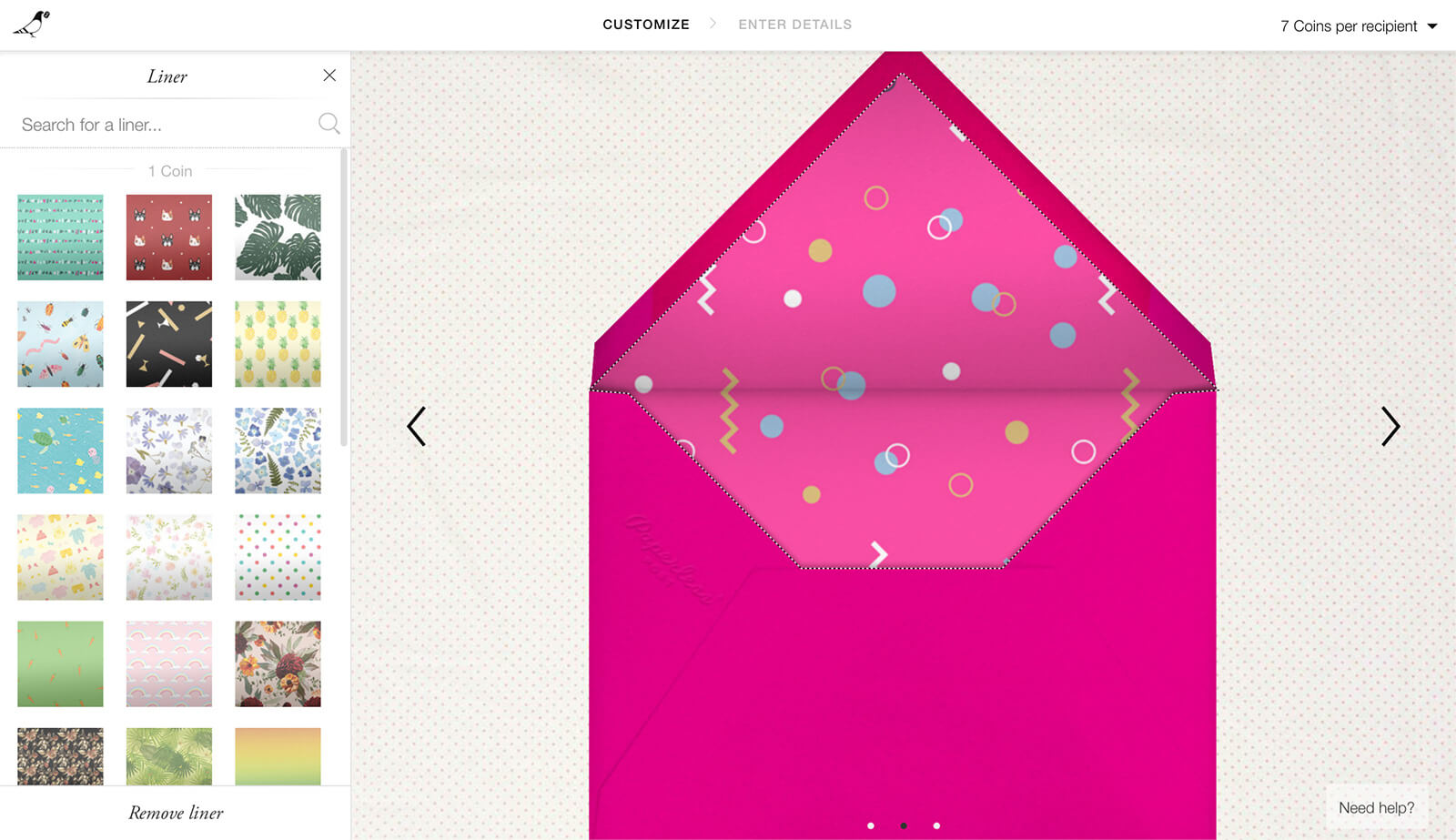 Screenshot of Paperless Post website with an open pink envelope design and selections on the left for the envelope liner design