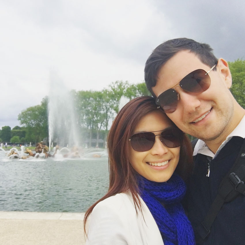 Myself and Nick in front of a water fountain at the Gardens of Versailles