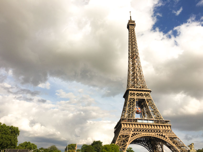 The Eiffel Tower as seen from a boat on the River Seine