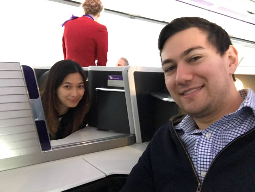 Me peeking through to be in Nick’s selfie on Virgin Australia’s business class