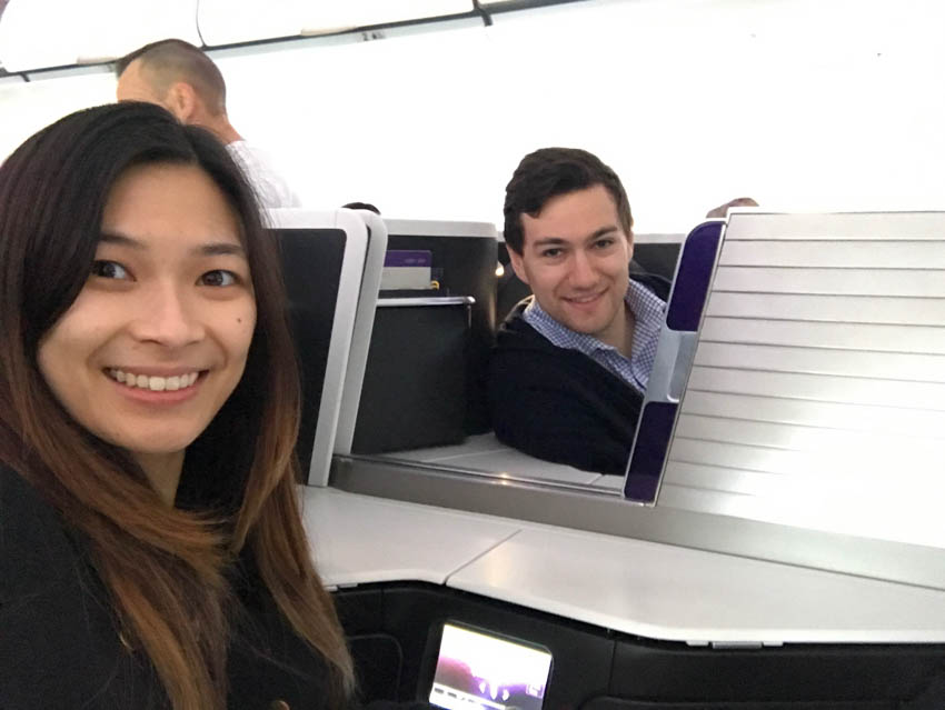 Nick peeking through to be in my selfie on Virgin Australia’s business class