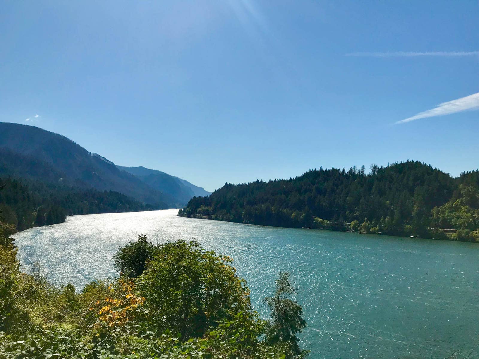 A beautiful view of a gorge from one side of the river. On the opposite side is a forest of dark trees. It is a bright sunny day and the skies are very blue.