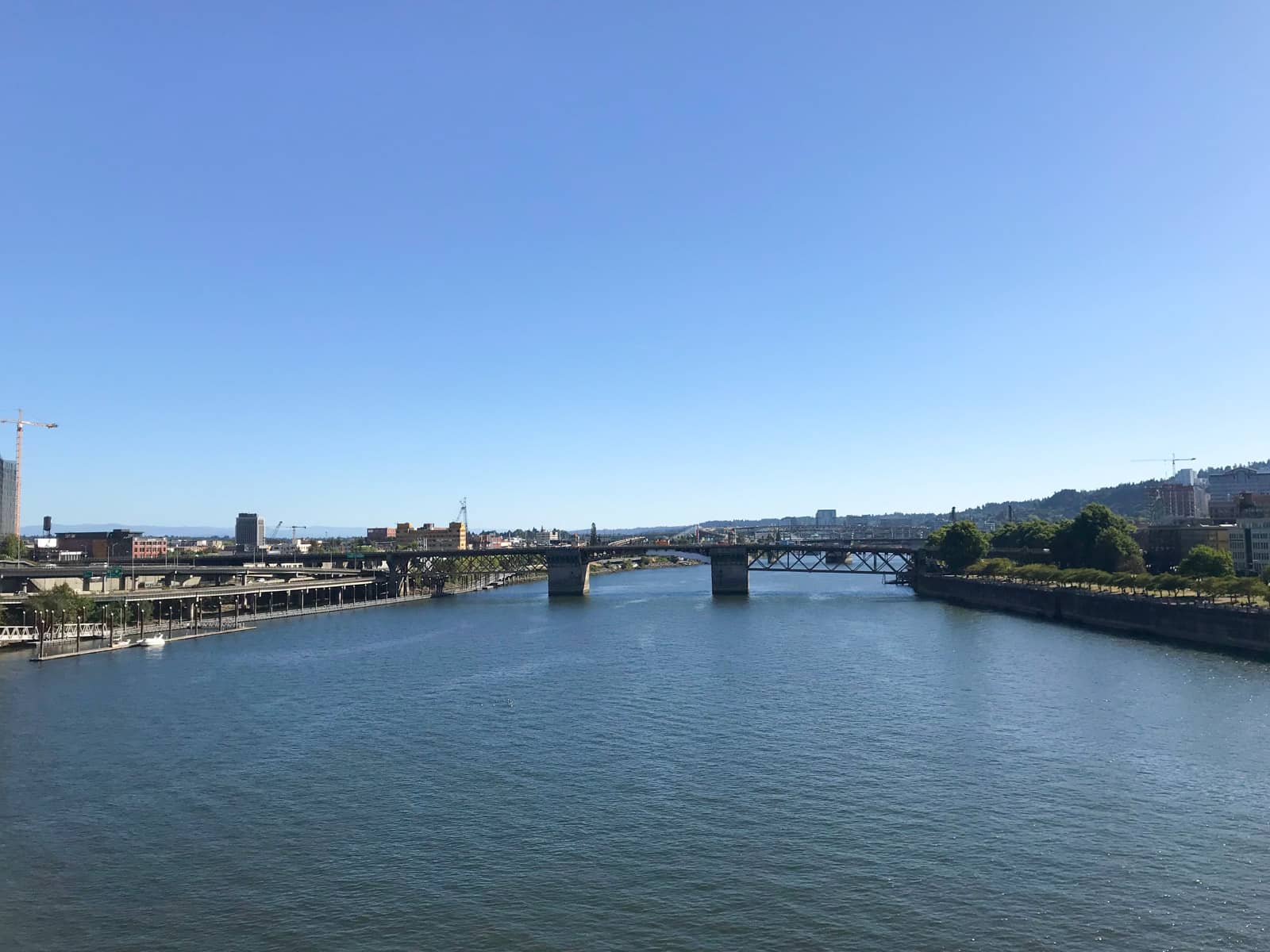 A river with a bridge running across it, seen from a point in the middle of the river’s width. It is a bright day with blue skies