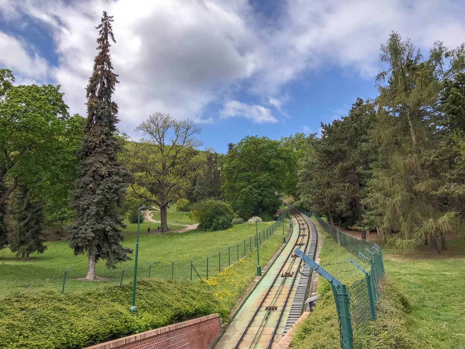 A railway going uphill through some trees. The tracks are fenced off by green wire fencing.