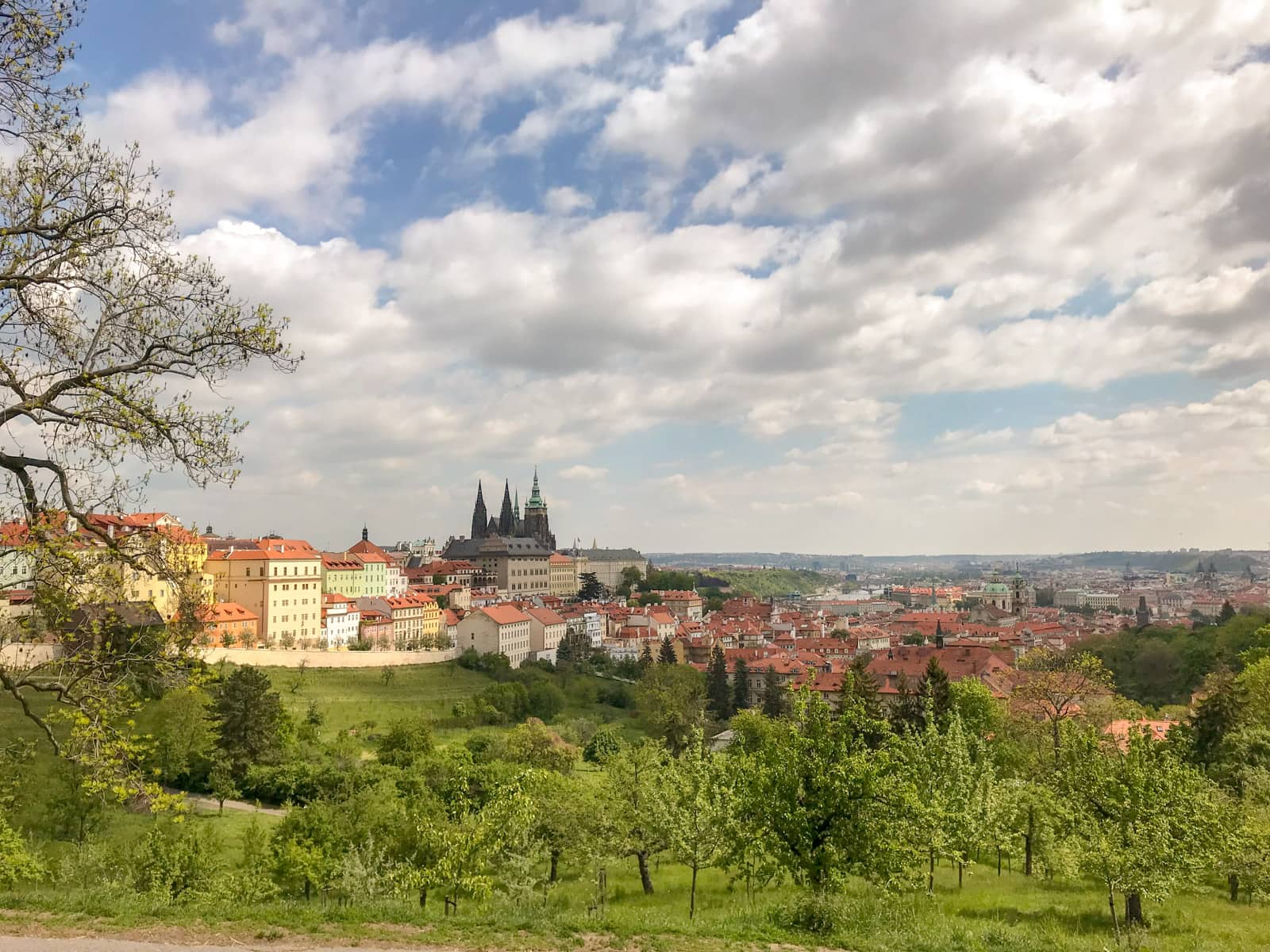 A view of the city of Prague from a high vantage point, with green hills in the foreground and many old houses in the background. The sky is blue with white clouds.