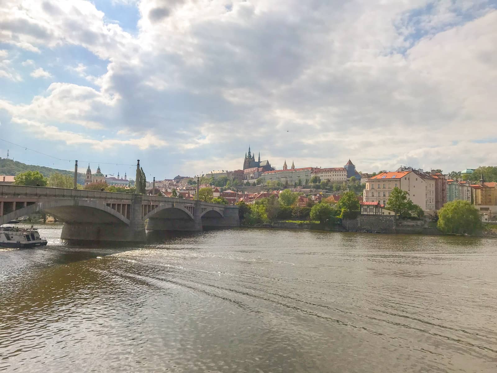 A river seen from the bank, where a bridge going across the river can be seen. There are many buildings making up part of a city on the opposite side of the water, and there is a fair bit of greenery adding to the landscape.