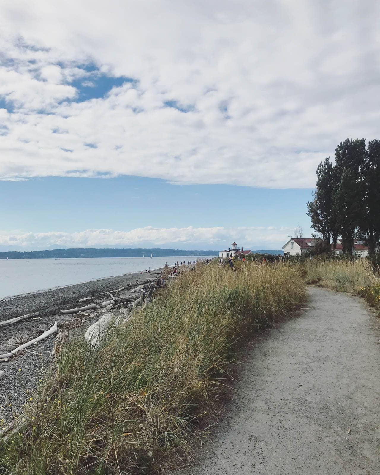 The path leading up to a small lighthouse. There is a grey rock beach and some weeds to the left of the path. The water of a lake can be seen in the distance.