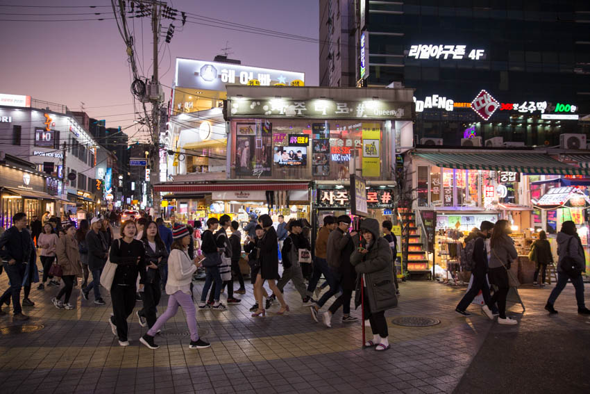 The main street of Hongdae with little crowds of people