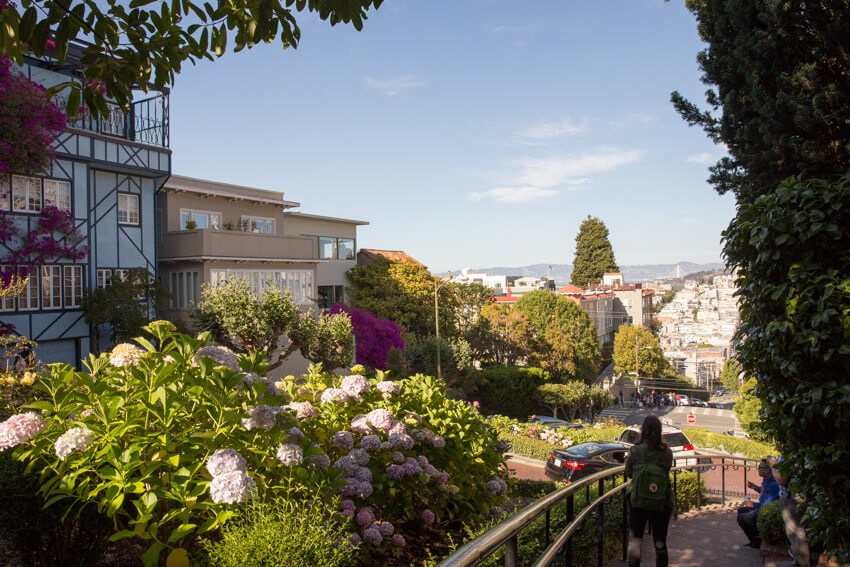 Angled view of a steep street, from a staircase at the side of the street. There is a lot of greenery in the foreground, providing shade from the sun. In the distance, many light-coloured houses can be seen.