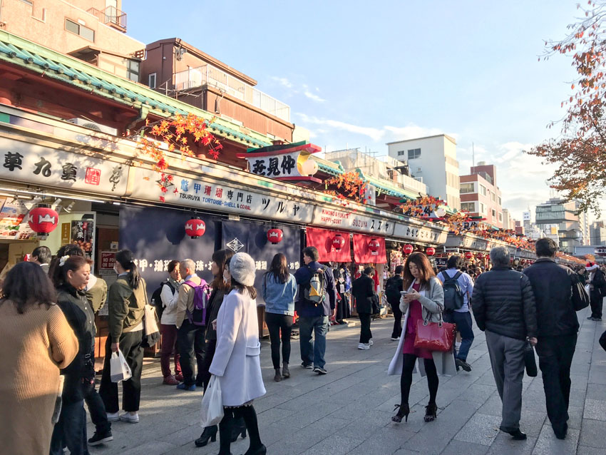 A street of shops, many of which have signage in Japanese, and red lanterns hanging from above their shop entrances. Some people walk down the path in front of the shops.