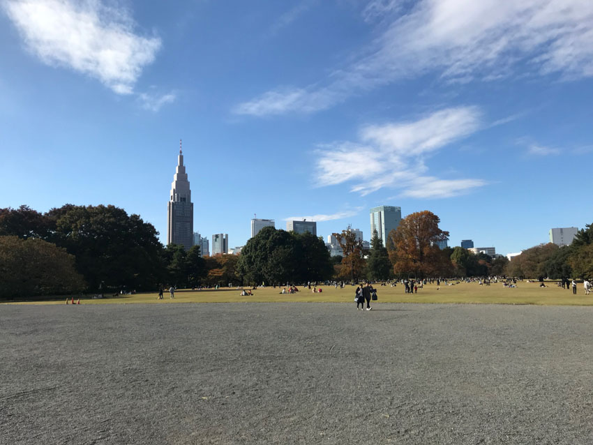 Grey gravel in the foreground leads to a wide pale green grassy area with people seated on the ground. Many trees surround the area, and a high-rise tower is visible in the background