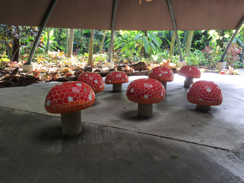 A group of mushrooms/toadstools made of stone and mosaic