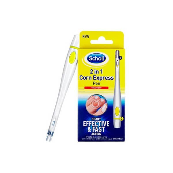 Yellow and blue packaging for a product designed to reduce the severity of corns on the toes. It looks like a pen.