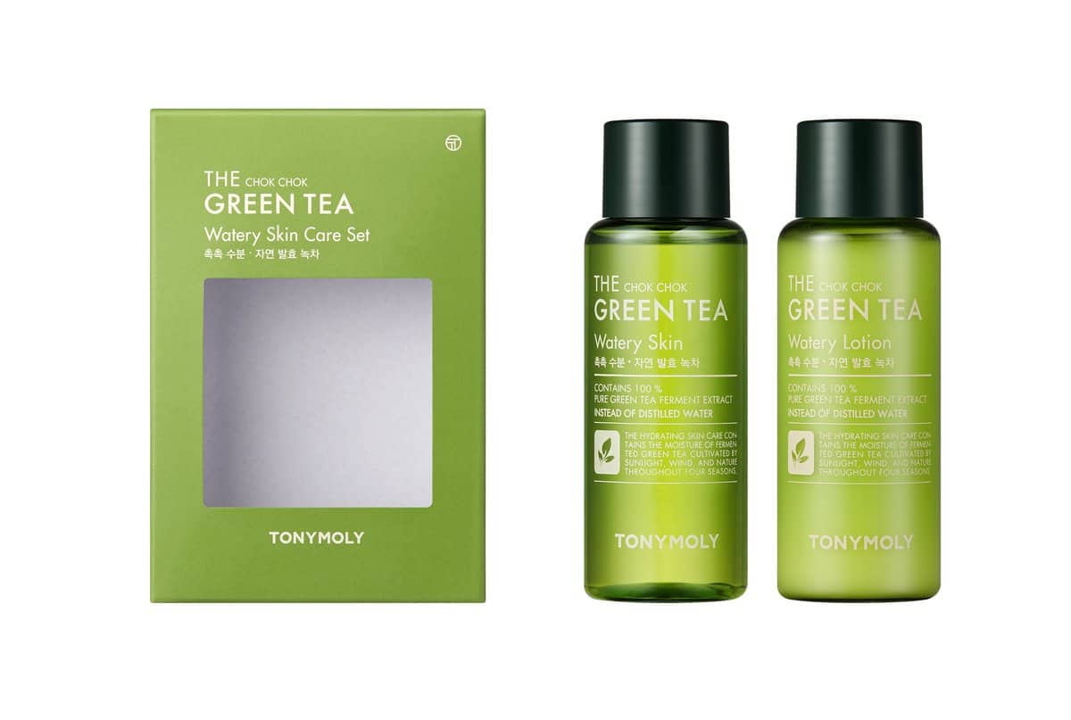 Stock image of green packaging for two bottles of skincare, shown with the bottles alongside it. It’s labelled as being from a Green Tea range.