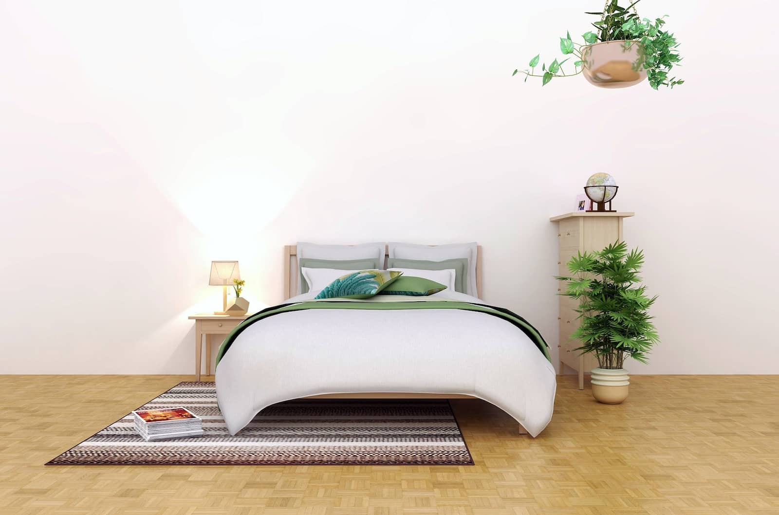 A bed from a distance, with light green and grey bedding. There is a rug under it. A plant sits next to the bed and another plant hangs from the ceiling
