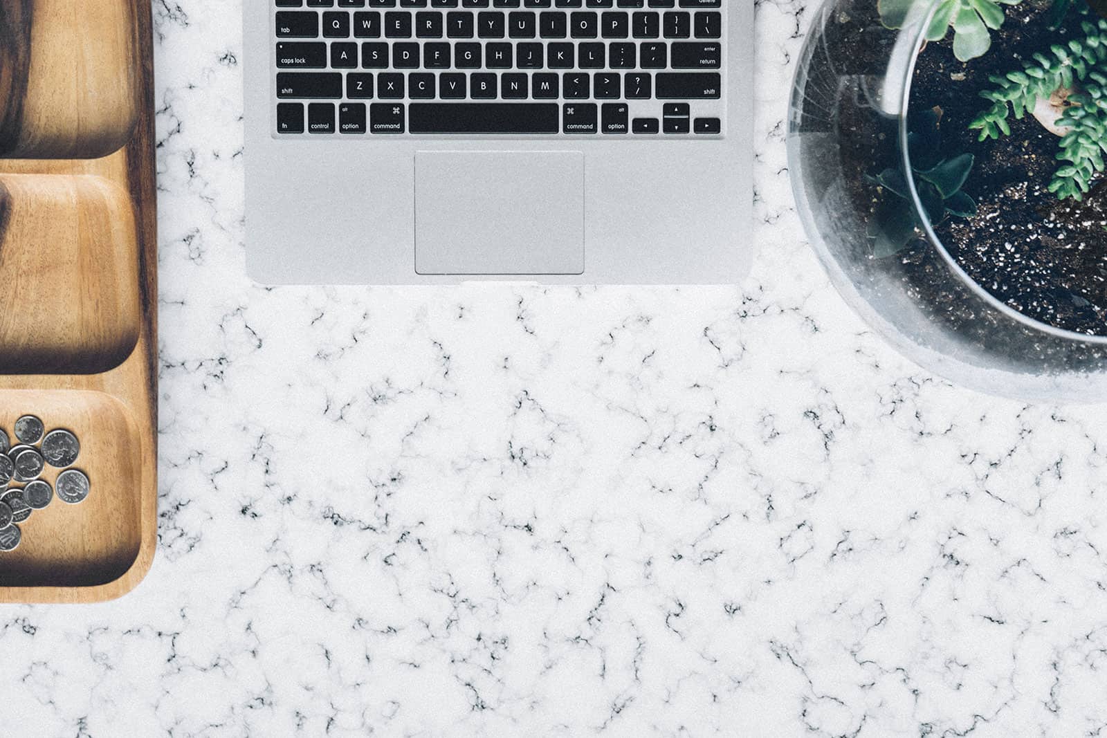 A marble desktop with the edge of a laptop visible, as well as a tray of coins and a small pot plant