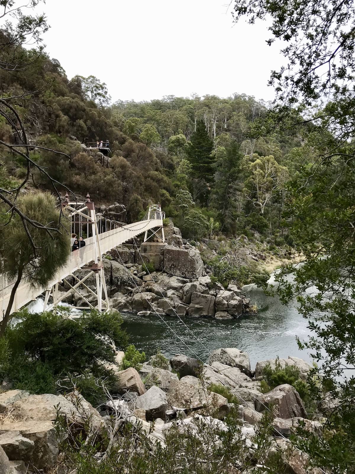 A suspension bridge as seen from one side, with a river running beneath