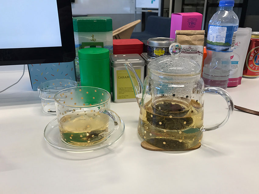 Teapot and matching teacup on my desk