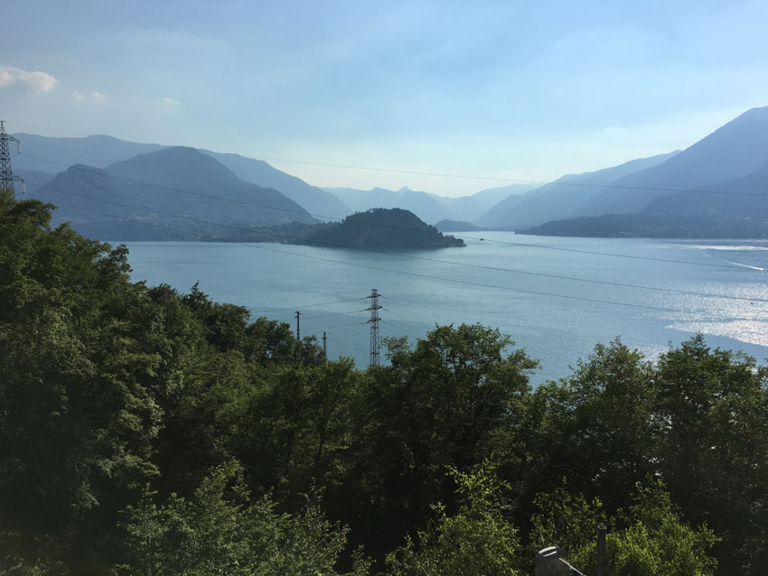 A high view of the power lines and lake