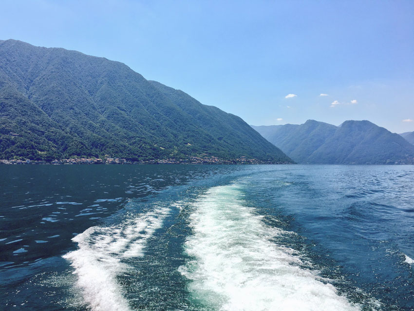 The boat’s propellers made trails in the water