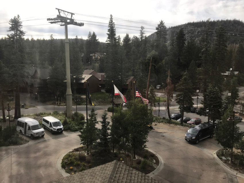 A view from a slightly dirty window of a hotel driveway entrance. Pine trees are scattered throughout the street amongst the houses