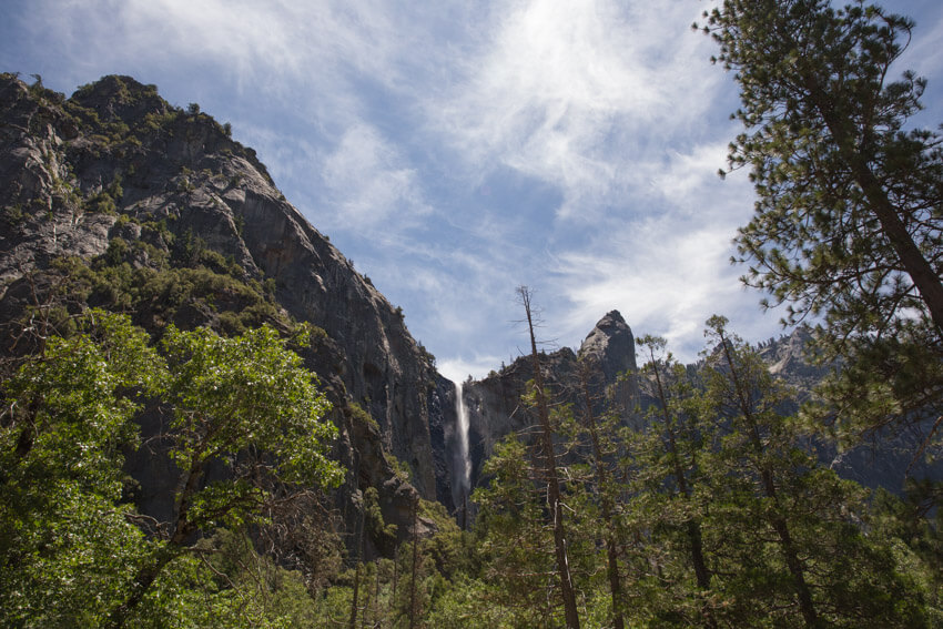 A low angle shot of a thin waterfall that can be seen behind a series of trees. The skye in the background is blue.