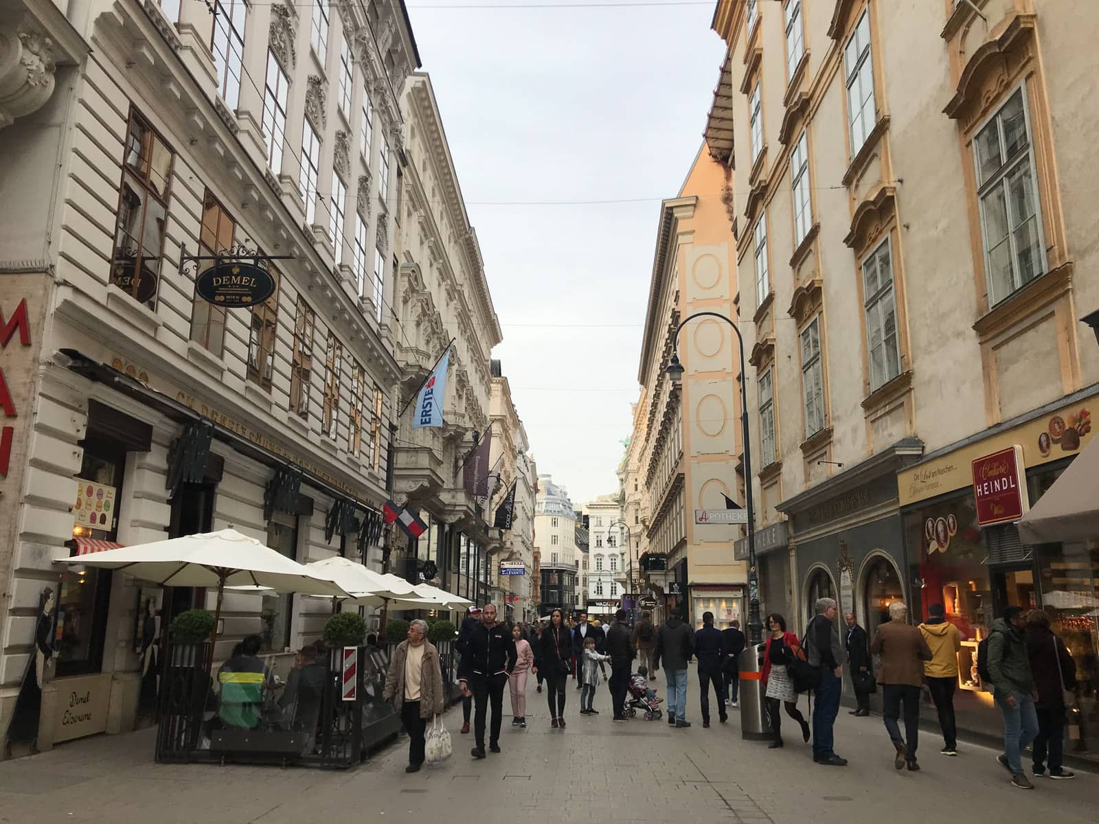 A shopping area in Vienna, with old buildings showing character