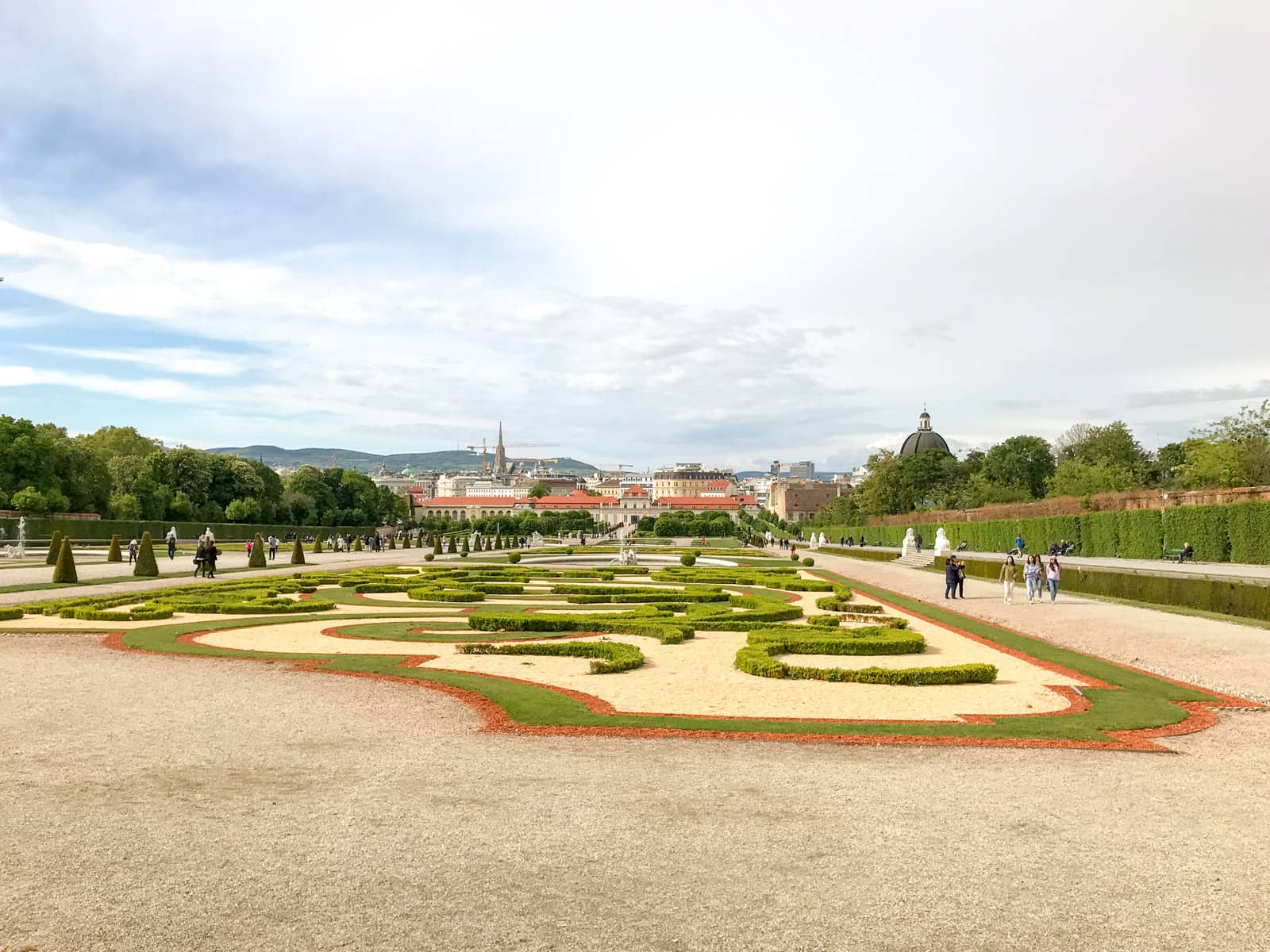 The grounds of Schlössgarten, showing some of the patterns created with small hedges. Wide gravel areas to the sides allow visitors to walk around the grounds