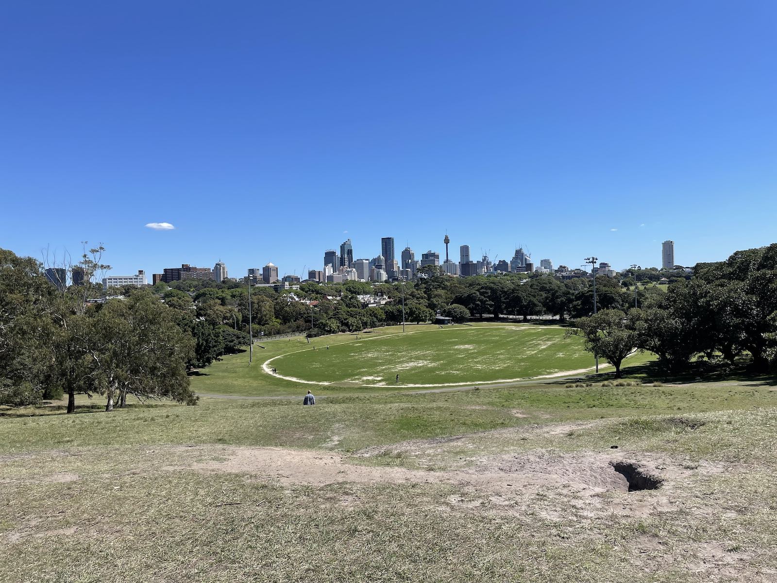 A view of the city of Sydney, Australia, seen from the top of a hill. At the bottom of the hill in the foreground is a sports oval with grass that is well trodden and no longer very green