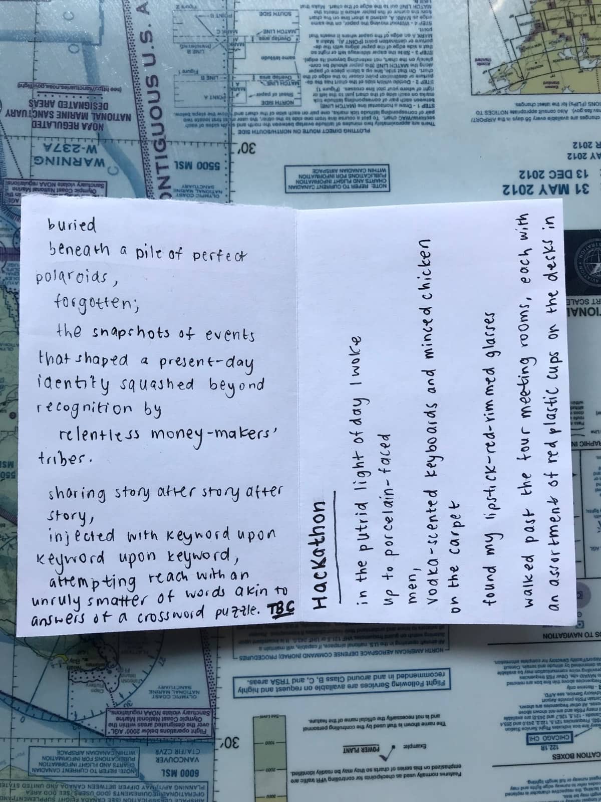 The inside of a zine with part of a poem and the start of a poem titled “Hackathon”