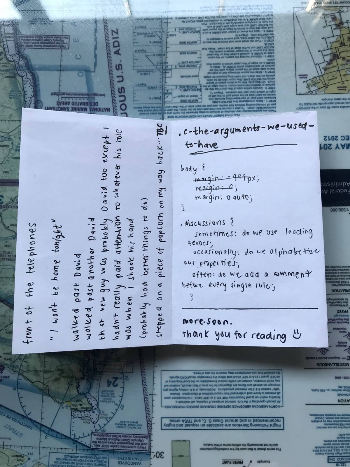 The inside of a zine with part of a poem excerpt and another excerpt titled “.c-the-arguments-we-used-to-have”