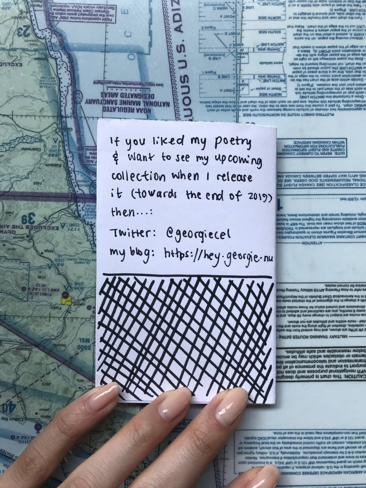 The outside back cover of a zine with a farewell message and contact information from the author