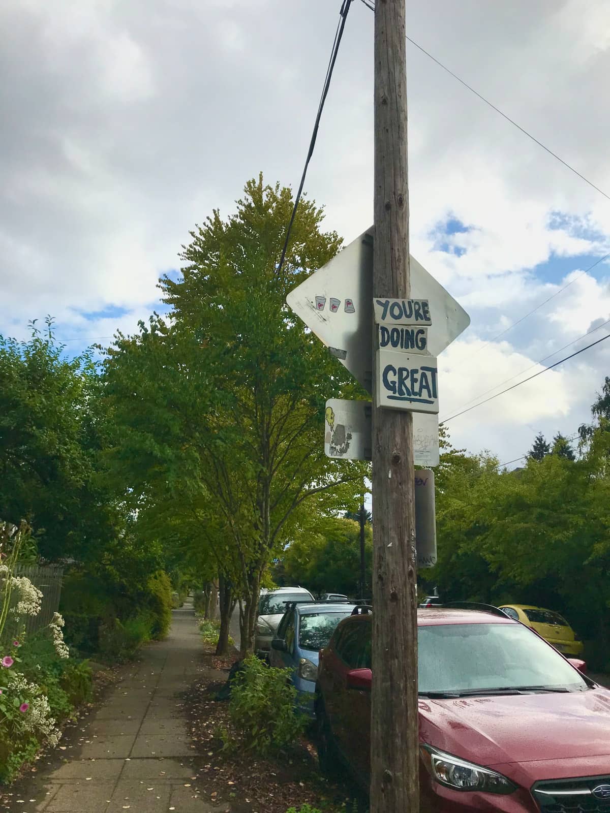 An handwritten sign on a telegraph pole in the middle of a suburban street, reading “You’re doing great”.