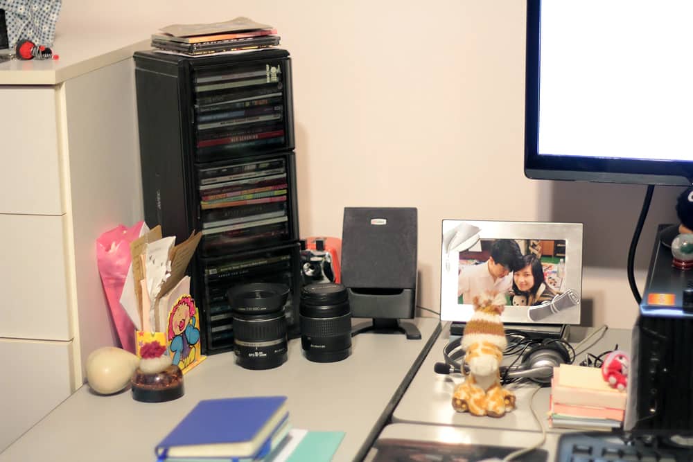 Desk with CD rack and other things