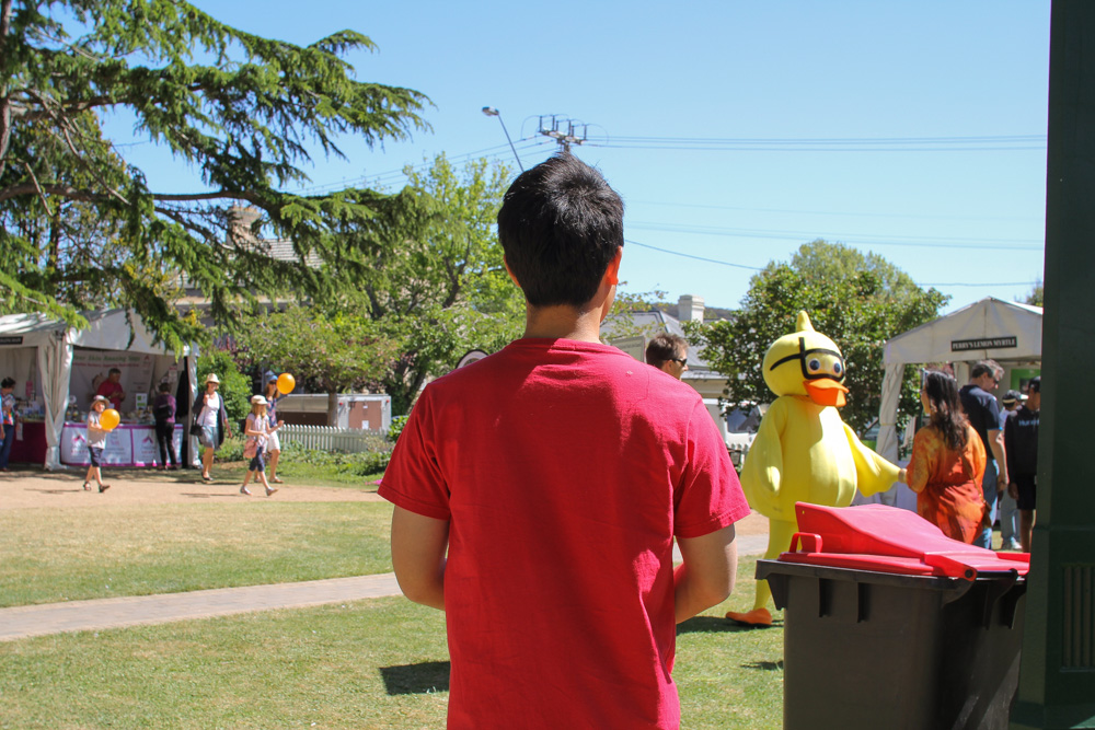 James watching someone dressed in a duck costume