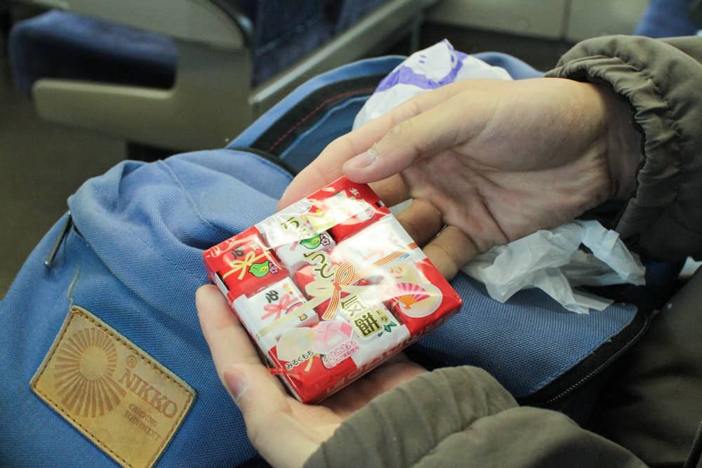 Bullet train snacks: Chocolate with chewy bits inside.